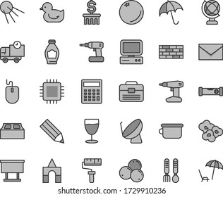 Thin line gray tint vector icon set - paint roller vector, envelope, calculator, baby duckling, children's potty, iron fork spoons, box of bricks, brickwork, cordless drill, portfolio, globe, glass