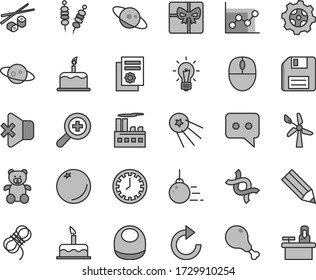 Thin line gray tint vector icon set - floppy disk vector, clock face, zoom, clockwise, graph, baby bib, teddy bear, cake, big core, hawser, no sound, fried vegetables on sticks, chicken leg, orange