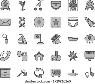 Thin line gray tint vector icon set - renewal vector, storage unit, nappy, sitting stroller, bath, sink, plummet, half peach, rocket, a crisis, phone call, radiator fan, usb flash, connect, mail