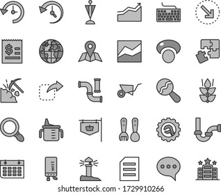 Thin line gray tint vector icon set - keyboard vector, line chart, measuring cup for feeding, beanbag, plastic fork spoons, Puzzles, building trolley, sewerage, star gear, electronic boiler, speech