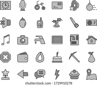 Thin line gray tint vector icon set - mark of injury vector, left direction, silent mode, toy mobile phone, child bicycle, big core, arm saw, lightning, faucet mixer, camera, microphone, music, cake