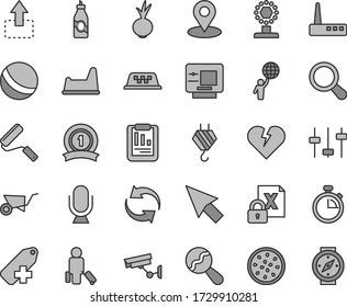 Thin line gray tint vector icon set - stopwatch vector, renewal, add label, beanbag, bath ball, potty chair, hook, building trolley, new roller, broken heart, microphone, move up, beet, liquor, zoom
