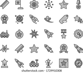 Thin line gray tint vector icon set - add bookmark vector, remove label, star gear, rocket, space, lunar rover, bang, cup, reward, medal, flag, hero, ribbon, dollar, stars around man, three, flying