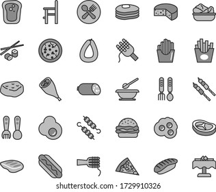 Thin line gray tint vector icon set - plates and spoons vector, a chair for feeding, plastic fork, iron, sausage, stick of, cheese, pizza, piece, Hot Dog, burger, spaghetti, noodles, bacon, chop