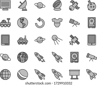 Thin line gray tint vector icon set - monitor vector, counterclockwise, t short, bath ball, earth, artificial satellite, planet, billboard, rocket, space, tablet pc, hdd, telescope, antenna, saturn