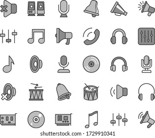 Thin line gray tint vector icon set - bell vector, desktop microphone, horn, loudspeaker, silent mode, drumroll, drum, headphones, music, CD, regulator, volume, no sound, phone call, megaphone, note