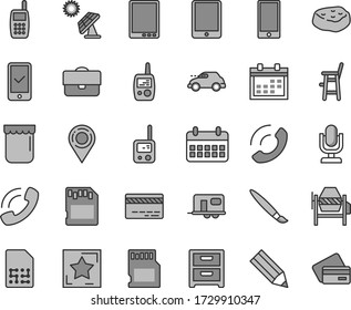 Thin line gray tint vector icon set - tassel vector, desktop microphone, calendar, bank card, toy phone, mobile, a chair for feeding child, concrete mixer, smartphone, nightstand, call, jam, SIM, sd