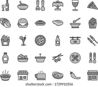 Thin line gray tint vector icon set - plates and spoons vector, plastic fork, iron, coffee, pizza, piece of, big burger, pie, a bowl rice porridge, in saucepan, lettuce plate, bacon, chop, barbecue