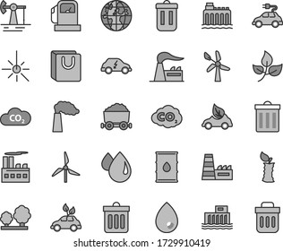 Thin line gray tint vector icon set - bin vector, dust, drop, bag with handles, apple stub, working oil derrick, leaves, gas station, windmill, wind energy, manufacture, factory, hydroelectric, CO2