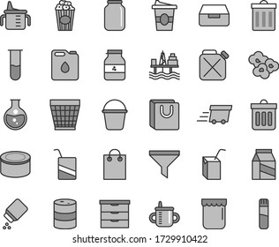 Thin line gray tint vector icon set - wicker pot vector, bin, storage unit, mug for feeding, measuring cup, baby powder, e, packing of juice with a straw, bucket, dust, drawer, bag handles, package