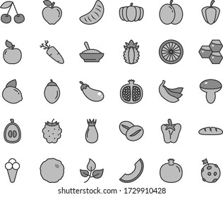 Thin line gray tint vector icon set - loaf vector, mushroom, a bowl of buckwheat porridge, cabbage, peper, carrot, coffee beans, cone, honeycombs, cherry, apple, pomegranate, half, apricot, red