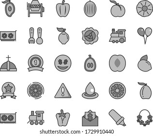 Thin line gray tint vector icon set - warning vector, plastic fork spoons, baby toy train, children's, colored air balloons, concrete mixer, peper, ripe peach, squash, quince, melon, half of mango