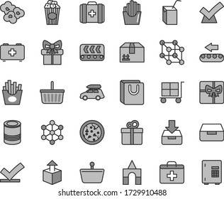 Thin line gray tint vector icon set - cargo trolley vector, grocery basket, first aid kit, bag of a paramedic, medical, packing juice with straw, box bricks, put in, drawer, handles, cardboard, gift