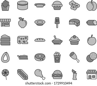 Thin line gray tint vector icon set - kiosk vector, sausage, stick of, piece cheese, loaf, canned goods, Hot Dog, mini, burger, cake, muffin, slice, with a hole, bowl buckwheat porridge, plate milk