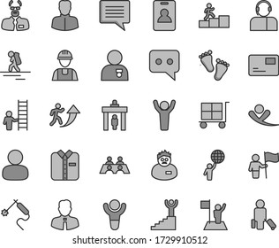 Thin line gray tint vector icon set - image of thought vector, cargo trolley, footprints, builder, employee, pass card, operator, folded shirt, gas welding, woman, man, think, conversation, winner