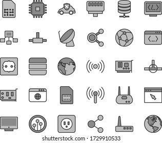 Thin line gray tint vector icon set - power socket type b vector, f, screen, big data server, autopilot, satellite dish, SIM card, connection, connections, hierarchical scheme, cpu, pc, router