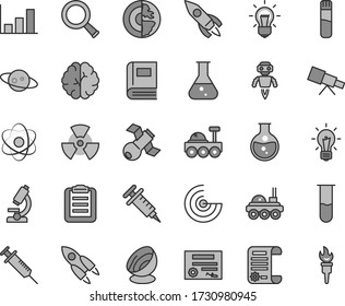 Thin line gray tint vector icon set - round flask vector, rocket, research article, test tube, microscope, telescope, atom, nuclear, zoom, bulb, brain, satellite, book, clipboard, growth graph