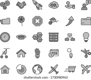 Thin line gray tint vector icon set - sign of the planet vector, mark injury, folder, pie chart, chest drawers, sitting stroller, house, garden trolley, saving light bulb, plummet, home, flowchart
