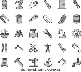 Thin line gray tint vector icon set - scissors vector, clip, safety pin, open, iron fork spoons, crane, adjustable wrench, hand saw, arm, stepladder, ladder, ntrance door, gear, knife, stationery