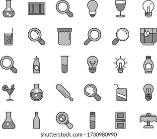 Thin line gray tint vector icon set - incandescent lamp vector, magnifier, mercury thermometer, e, window frame, bulb, interroom door, a glass of soda, tea, cocktail, jam, bottle, liquor, magnifying