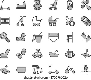 Thin line gray tint vector icon set - baby cot vector, toys over the cradle, dummy, mug for feeding, diaper, beanbag, rattle, car child seat, stroller, carriage, summer, sitting, rubber duck, potty