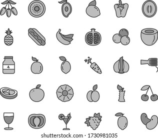 Thin line gray tint vector icon set - Hot Dog vector, noodles, bacon, peper, cocktail, glass, jar of jam, a pineapple, apple, cherry, half pomegranate, branch grape, blueberries, mango, goji berry