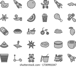 Thin line gray tint vector icon set - wicker pot vector, baby rattle, duckling, tumbler, toy sand set, children's, teddy bear, train, small yule, child bicycle, Kick scooter, canned goods, onion