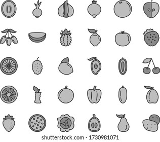 Thin line gray tint vector icon set - beet vector, strawberries, cherry, squash, quince, tasty apple, raspberry, medlar, mulberry, half of mango, loquat, goji berry, melon, date fruit, tangerine