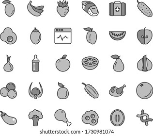 Thin line gray tint vector icon set - measuring bottle for feeding vector, medical bag, cardiogram, chicken, leg, cucumber, sushi, fried egg, omelette, orange, pear, tasty apple, strawberry, lemon