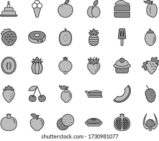 Thin line gray tint vector icon set - birthday cake vector, muffin, piece of, slice, with a hole, pie, popsicle, cone, strawberries, apple, biscuit, cherry, pomegranate, half, branch grape, quince