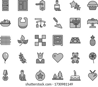 Thin line gray tint vector icon set - toys over the cradle vector, bib, teddy bear, balloon, cake, building trowel, window, plastic brush, wooden paint, door knob, interroom, tile, pavement, heart