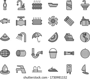 Thin line gray tint vector icon set - measuring cup for feeding vector, bath, bucket, washbasin, shower, sewerage, construction level, faucet mixer, kitchen, boiler, umbrella, fish, soda can, slice