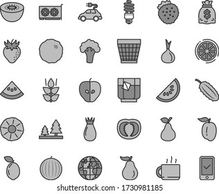 Thin line gray tint vector icon set - wicker pot vector, cabbage, cup of tea, a glass, strawberries, pear, mint, tasty apple, strawberry, rose hip, water melon, slice, ripe plum, kiwi, sour lime