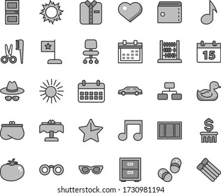 Thin line gray tint vector icon set - heart symbol vector, calendar, purse, hat with glasses, bedside table, rubber duck, accessories for a hairstyle, child shoes, abacus, window frame, star, tomato