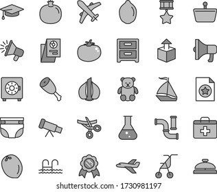 Thin line gray tint vector icon set - first aid kit vector, nappy, sitting stroller, small teddy bear, nightstand, strongbox, megaphone, unpacking, chicken thigh, tomato, pomegranate, lime, coconut