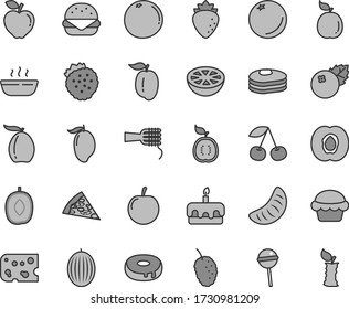 Thin line gray tint vector icon set - piece of cheese vector, pizza, big burger, noodles, cake, torte, with a hole, hot porridge, Chupa Chups, blueberries, strawberries, pancakes, orange, cherry