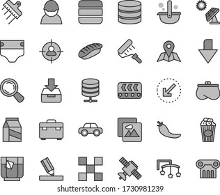 Thin line gray tint vector icon set - downward direction vector, toys over the cot, diaper, motor vehicle, paint roller, suitcase, drawing, tile, spatula, left bottom arrow, picture, map, package
