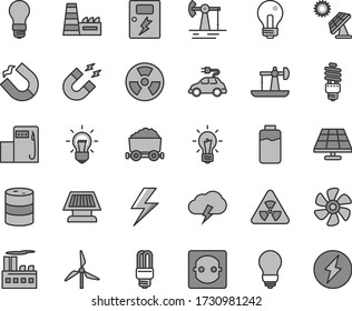 Thin line gray tint vector icon set - lightning vector, incandescent lamp, bulb, dangers, storm cloud, marine propeller, charge level, solar panel, big, oil derrick, working, modern gas station, sun