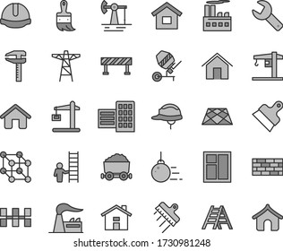 Thin line gray tint vector icon set - house vector, repair key, crane, dwelling, brickwork, big core, concrete mixer, window, wooden paint brush, ladder, city block, ceramic tiles, putty knife, home