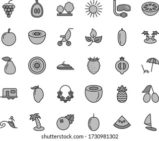 Thin line gray tint vector icon set - summer stroller vector, blueberries, large grape, pear, cornels, half of medlar, tasty raspberry, mango, date fruit, loquat, plum, passion, kiwi, coconut, trees