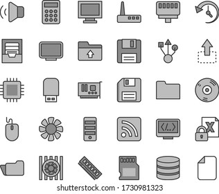 Thin line gray tint vector icon set - floppy disk vector, monitor window, rss feed, archive, upload folder, volume, move up, calculator, fan, radiator, encrypting, mouse, pc tower, cpu, memory, card