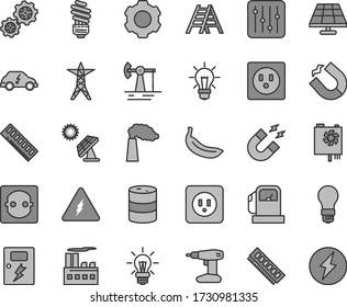 Thin line gray tint vector icon set - drill vector, ladder, saving light bulb, power socket type b, dangers, regulator, banana, solar panel, big, working oil derrick, gas station, manufacture, line