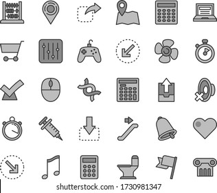 Thin line gray tint vector icon set - laptop vector, silent mode, upload archive data, abacus, comfortable toilet, bell, left bottom arrow, heart, music, flag, regulator, move down, right, fan screw