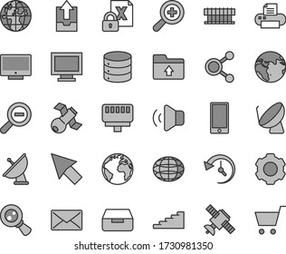Thin line gray tint vector icon set - sign of the planet vector, monitor window, zoom, out, upload archive data, folder, screen, smartphone, big, volume, drawer, satellite dish, magnifying glass