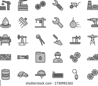 Thin line gray tint vector icon set - repair key vector, crane, tower, workman, brickwork, brick wall, big core, gears, building trolley, trowel, concrete mixer, adjustable wrench, cordless drill