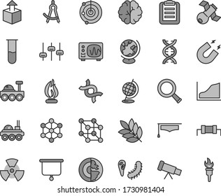Thin line gray tint vector icon set - unpacking vector, test tube, telescope, nuclear, zoom, dna, brain, settings, satellite, bactery, globe, oscilloscope, magnet, flame, graduate hat, clipboard