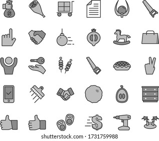 Thin line gray tint vector icon set - cargo trolley vector, scribbled paper, dollar, chest of drawers, small rocking horse, shoes for little children, big core, drill, hand saw, arm, spatula, loquat