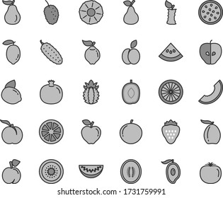 Thin line gray tint vector icon set - cucumber vector, strawberry, apple, pear, peach, ripe, pomegranate, quince, red, tasty, mulberry, slice of melon, half mango, loquat, delicious plum, water