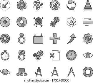 Thin line gray tint vector icon set - renewal vector, plus, minus, stacking toy, cogwheel, gear, left bottom arrow, eye, timer, CD, delete page, accumulator, scribed compasses, gears, scheme, atom