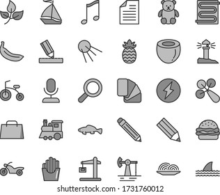 Thin line gray tint vector icon set - graphite pencil vector, scribbled paper, magnifier, baby rattle, small teddy bear, children's train, child bicycle, sample of colour, drawing, heating coil